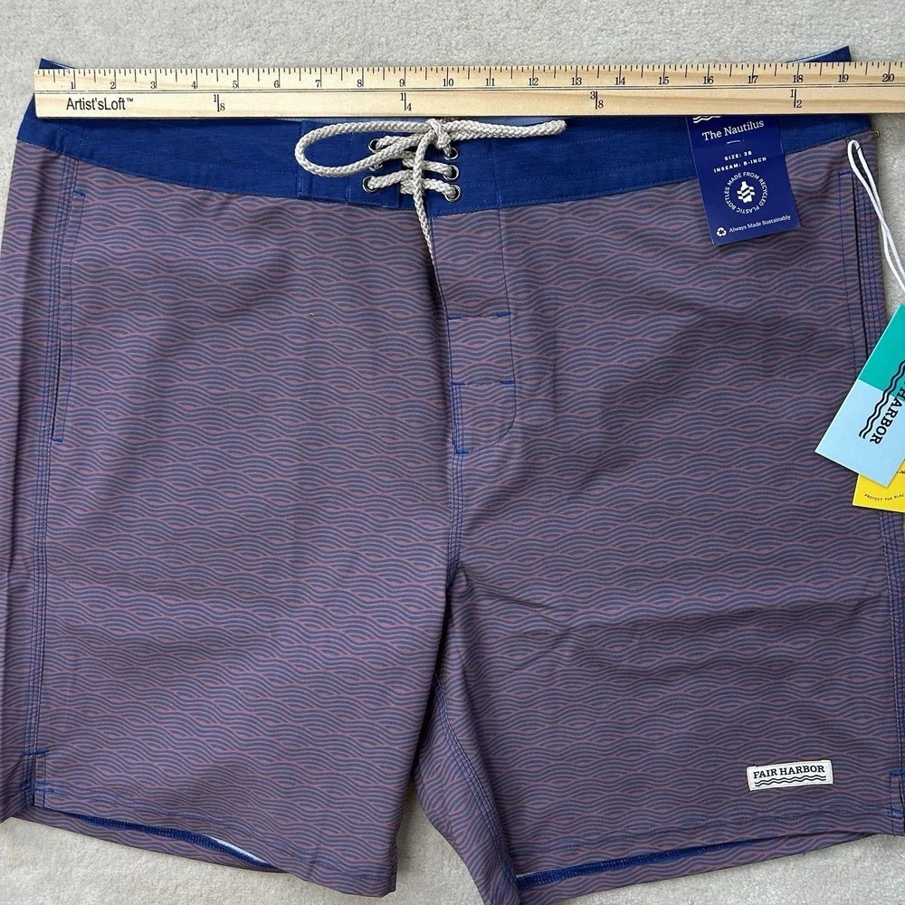 Fair Harbor The Nautilus Boardshorts Men's 38 Red Waves Swim Trunks Pockets